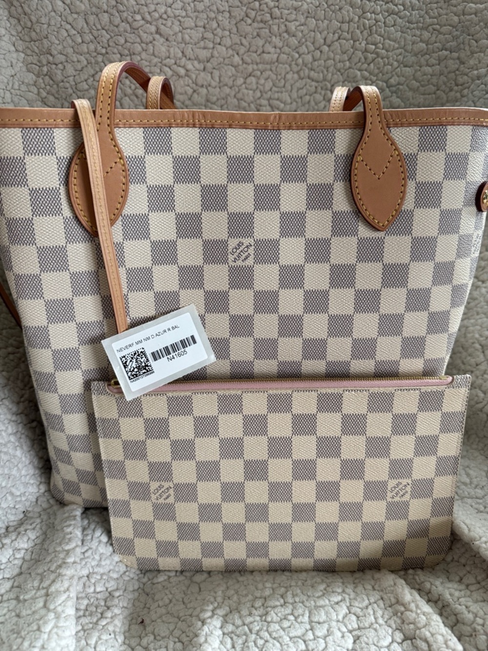 Louis Vuitton Damier Azur MM Canvas Tote in Cream and Tan Leather